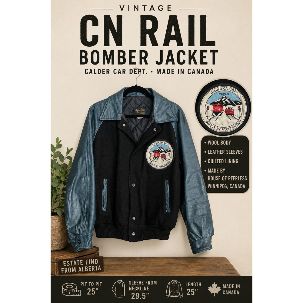 Vintage CN Rail Calder Car Dept Leather Wool Bomber Jacket Canada Railroad 90s